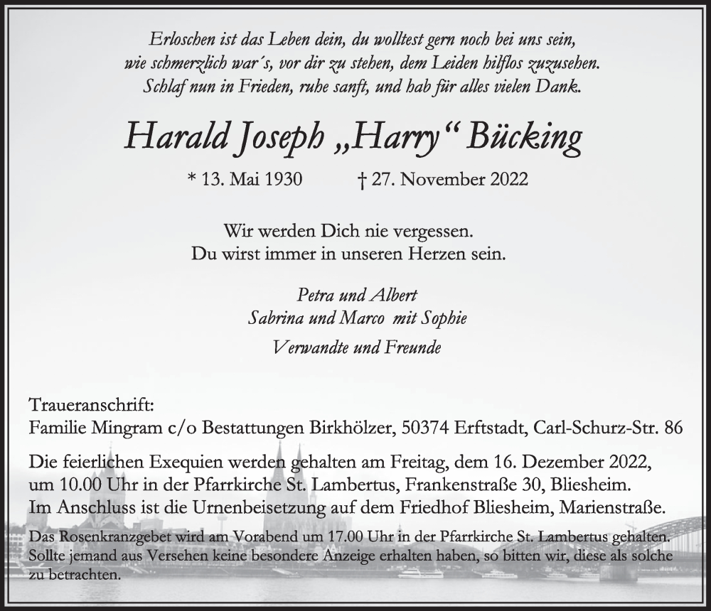 Traueranzeige für Harald Joseph Bücking vom 09.12.2022 aus  Werbepost 