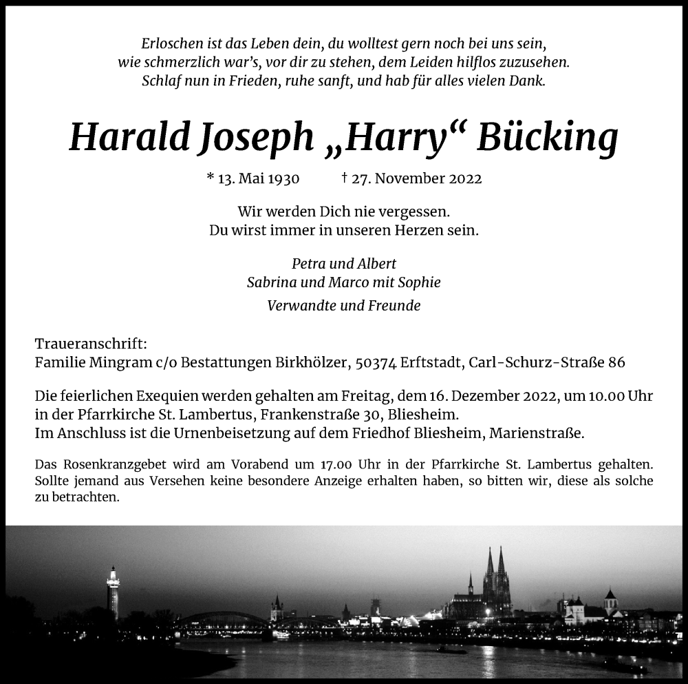  Traueranzeige für Harald Joseph Bücking vom 10.12.2022 aus Kölner Stadt-Anzeiger / Kölnische Rundschau / Express