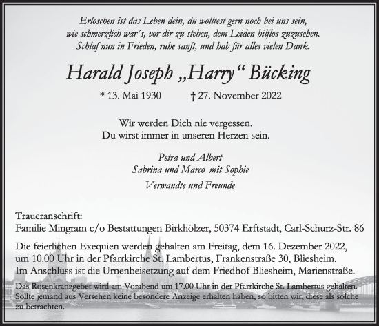 Anzeige von Harald Joseph Bücking von  Werbepost 