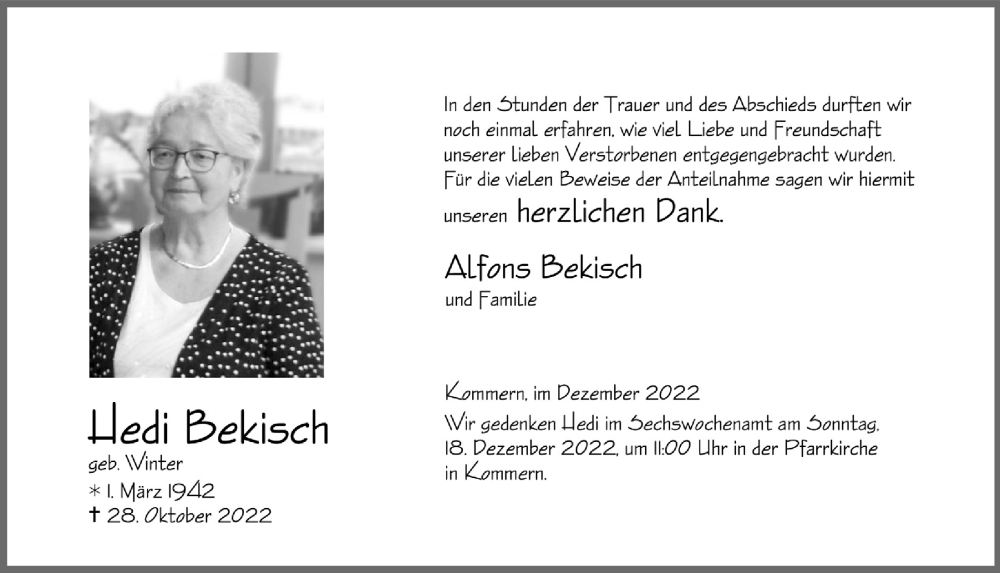  Traueranzeige für Hedi Bekisch vom 10.12.2022 aus  Blickpunkt Euskirchen 