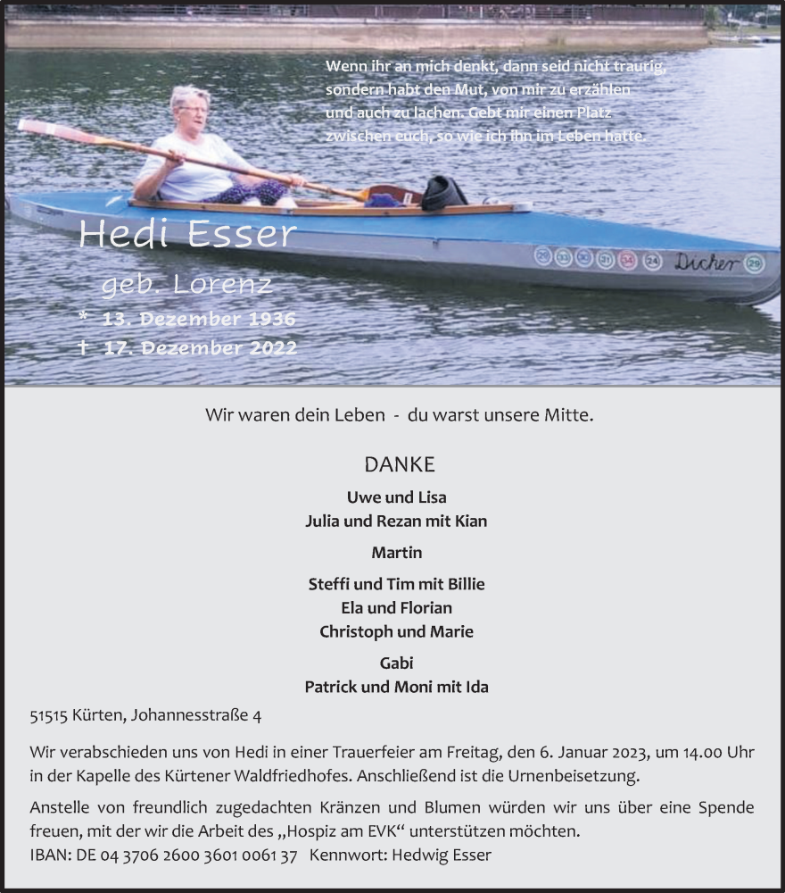  Traueranzeige für Hedi Esser vom 31.12.2022 aus Kölner Stadt-Anzeiger / Kölnische Rundschau / Express