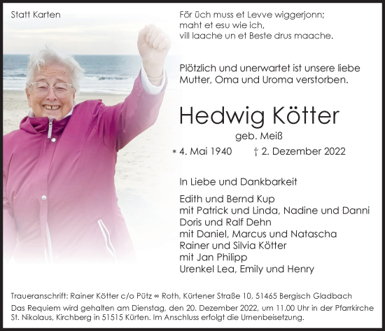 Anzeige von Hedwig Kötter von  Bergisches Handelsblatt 