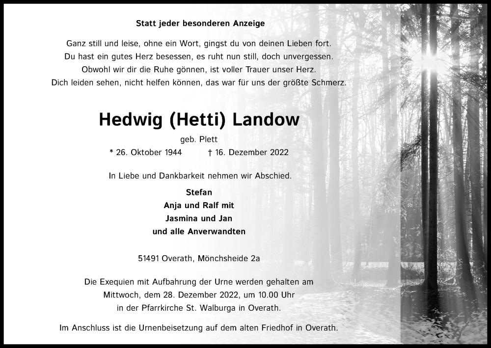  Traueranzeige für Hedwig Landow vom 24.12.2022 aus Kölner Stadt-Anzeiger / Kölnische Rundschau / Express