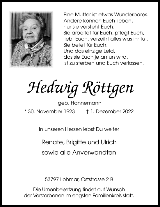 Anzeige von Hedwig Röttgen von Kölner Stadt-Anzeiger / Kölnische Rundschau / Express