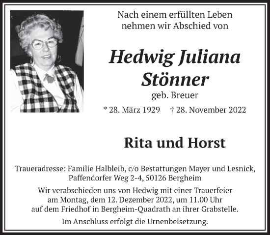 Anzeige von Hedwig Juliana Stönner von  Wochenende  Werbepost 