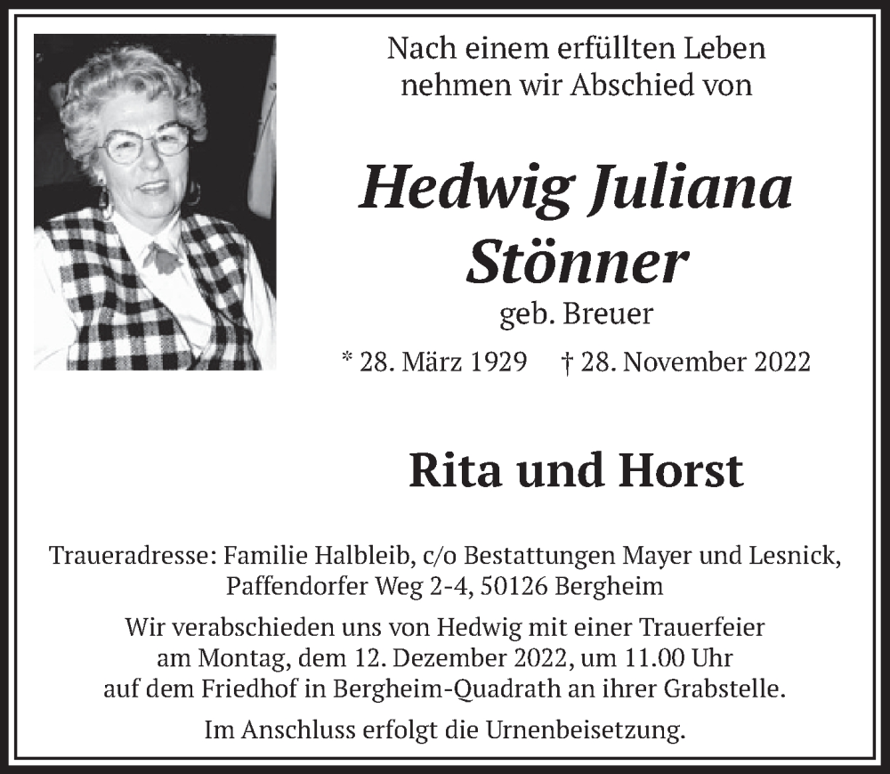  Traueranzeige für Hedwig Juliana Stönner vom 09.12.2022 aus  Wochenende  Werbepost 