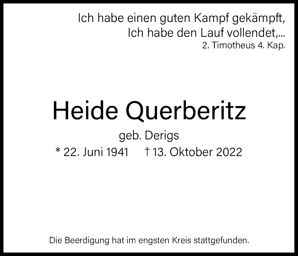  Traueranzeige für Heide Querberitz vom 03.12.2022 aus Kölner Stadt-Anzeiger / Kölnische Rundschau / Express