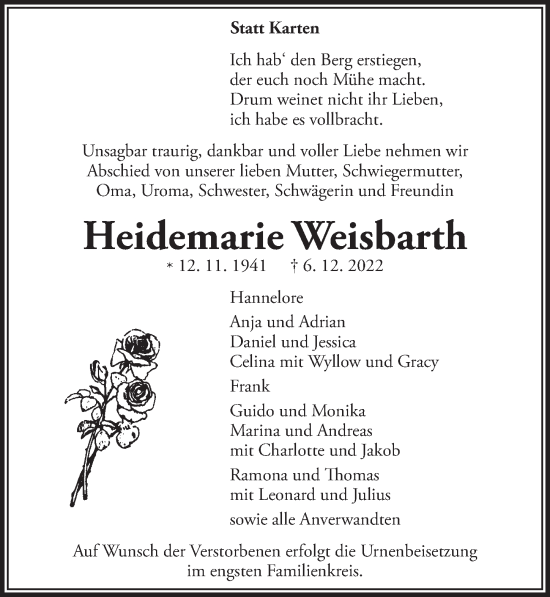 Anzeige von Heidemarie Weisbarth von  Schaufenster/Blickpunkt 