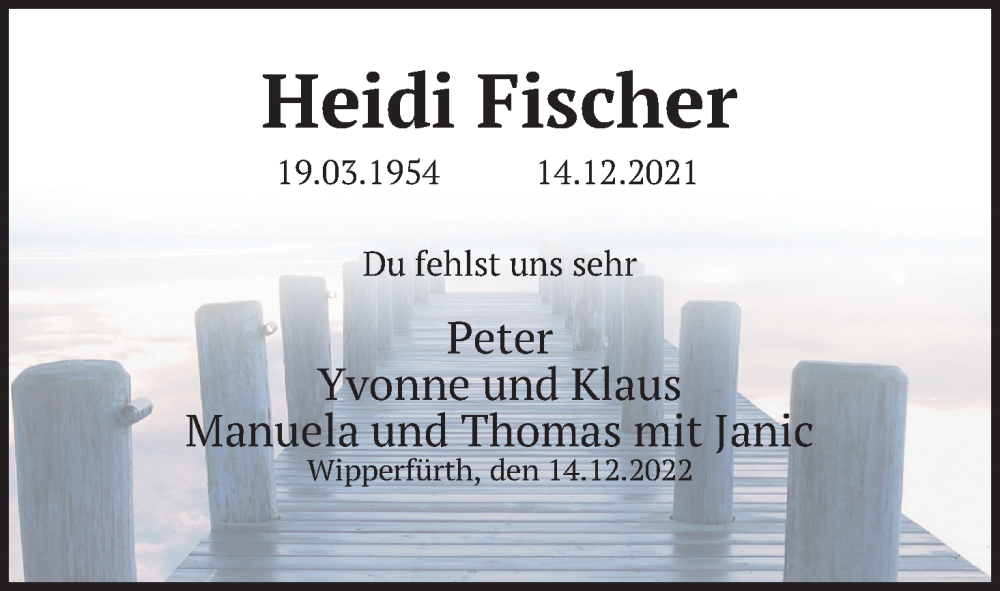  Traueranzeige für Heidi Fischer vom 14.12.2022 aus Kölner Stadt-Anzeiger / Kölnische Rundschau / Express