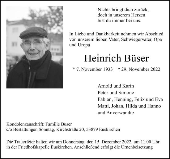 Anzeige von Heinrich Büser von  Blickpunkt Euskirchen 