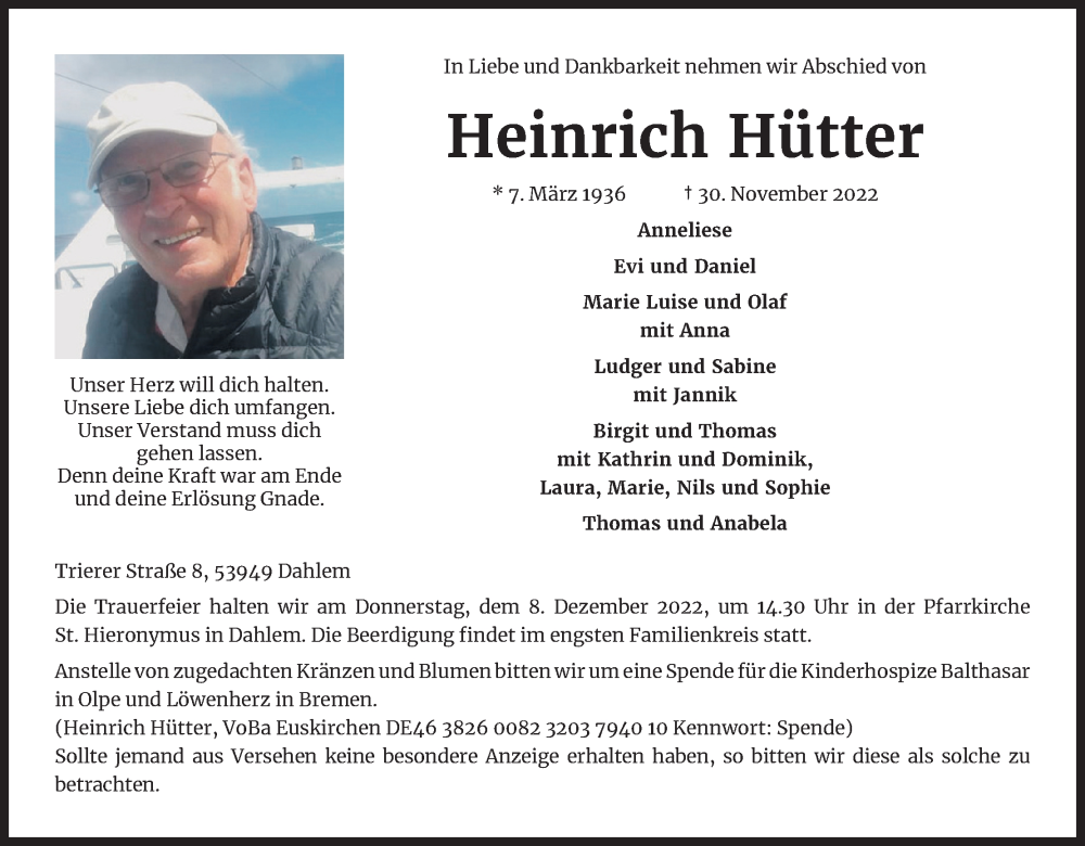  Traueranzeige für Heinrich Hütter vom 05.12.2022 aus Kölner Stadt-Anzeiger / Kölnische Rundschau / Express