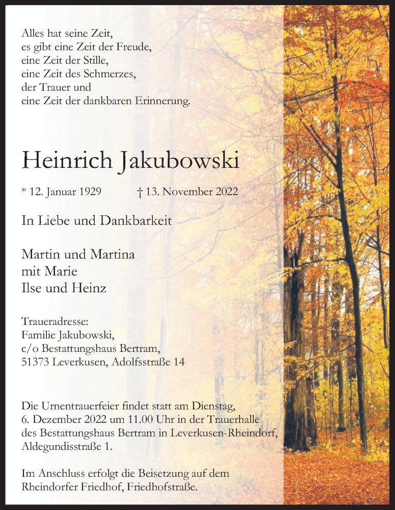  Traueranzeige für Heinrich Jakubowski vom 03.12.2022 aus Kölner Stadt-Anzeiger / Kölnische Rundschau / Express