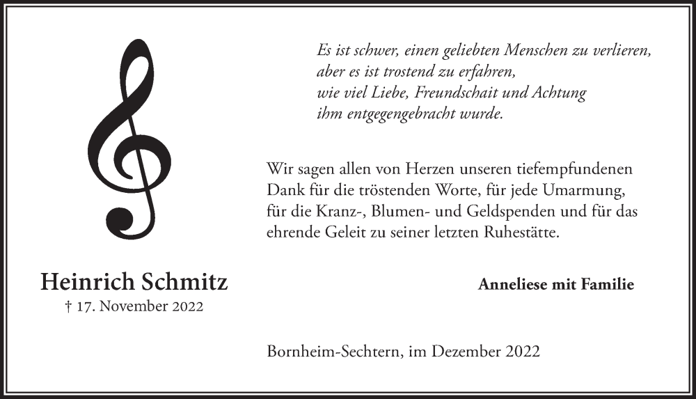  Traueranzeige für Heinrich Schmitz vom 22.12.2022 aus  Schaufenster/Blickpunkt  Schlossbote/Werbekurier 