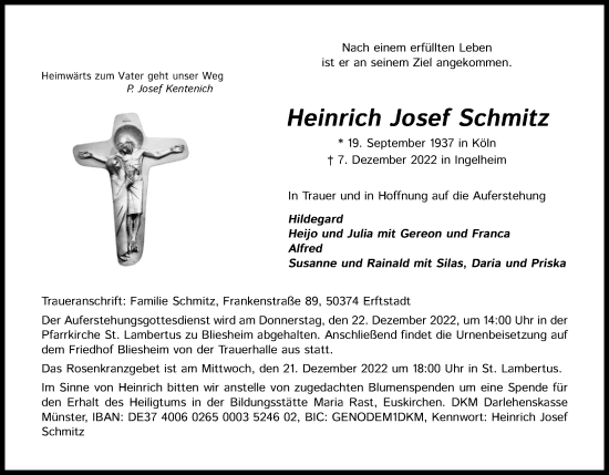 Anzeige von Heinrich Josef Schmitz von Kölner Stadt-Anzeiger / Kölnische Rundschau / Express