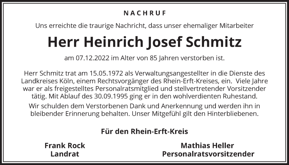  Traueranzeige für Heinrich Josef Schmitz vom 29.12.2022 aus  Wochenende  Schlossbote/Werbekurier  Werbepost 