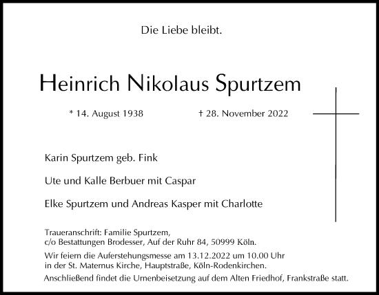 Anzeige von Heinrich Nikolaus Spurtzem von Kölner Stadt-Anzeiger / Kölnische Rundschau / Express