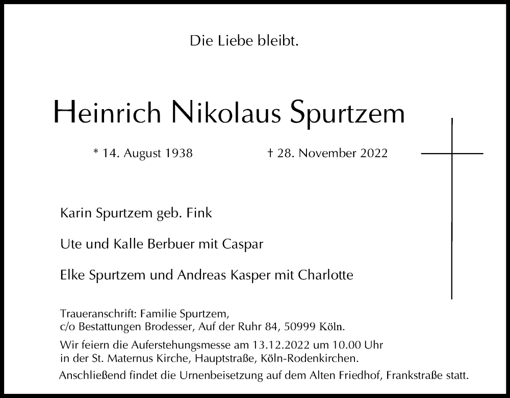  Traueranzeige für Heinrich Nikolaus Spurtzem vom 10.12.2022 aus Kölner Stadt-Anzeiger / Kölnische Rundschau / Express