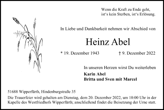 Anzeige von Heinz Abel von Kölner Stadt-Anzeiger / Kölnische Rundschau / Express