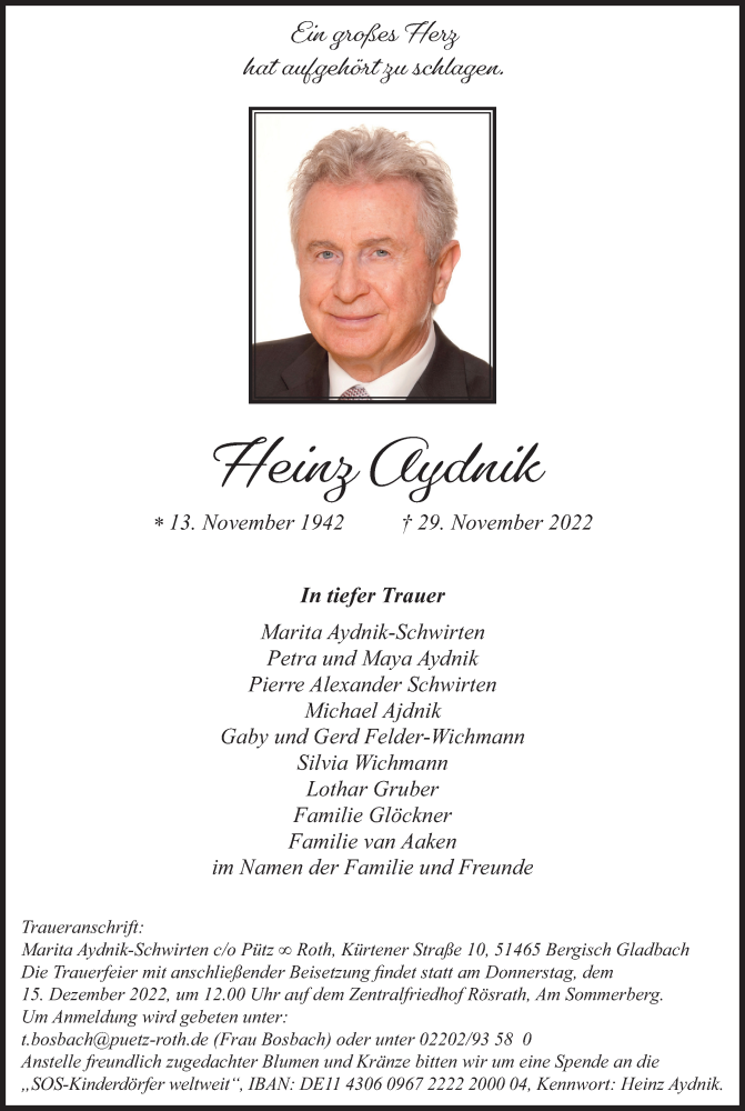  Traueranzeige für Heinz Aydnik vom 10.12.2022 aus Kölner Stadt-Anzeiger / Kölnische Rundschau / Express