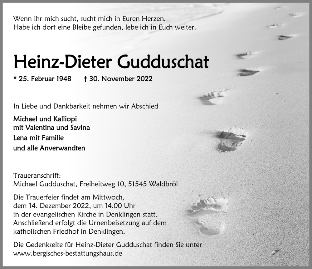 Traueranzeige für Heinz-Dieter Gudduschat vom 09.12.2022 aus  Anzeigen Echo  Lokalanzeiger 