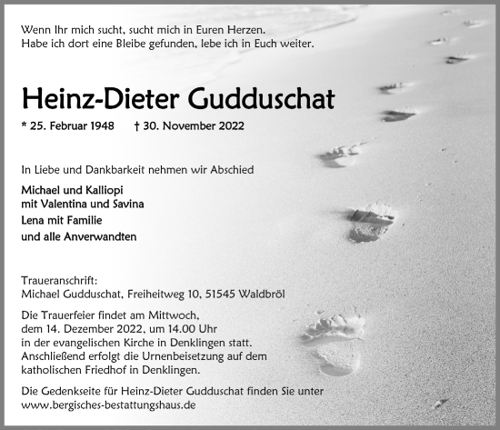 Anzeige von Heinz-Dieter Gudduschat von  Anzeigen Echo  Lokalanzeiger 