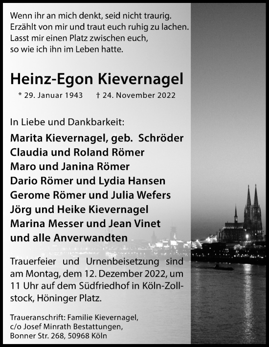 Anzeige von Heinz-Egon Kievernagel von Kölner Stadt-Anzeiger / Kölnische Rundschau / Express