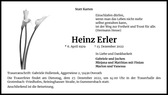 Anzeige von Heinz Erler von Kölner Stadt-Anzeiger / Kölnische Rundschau / Express