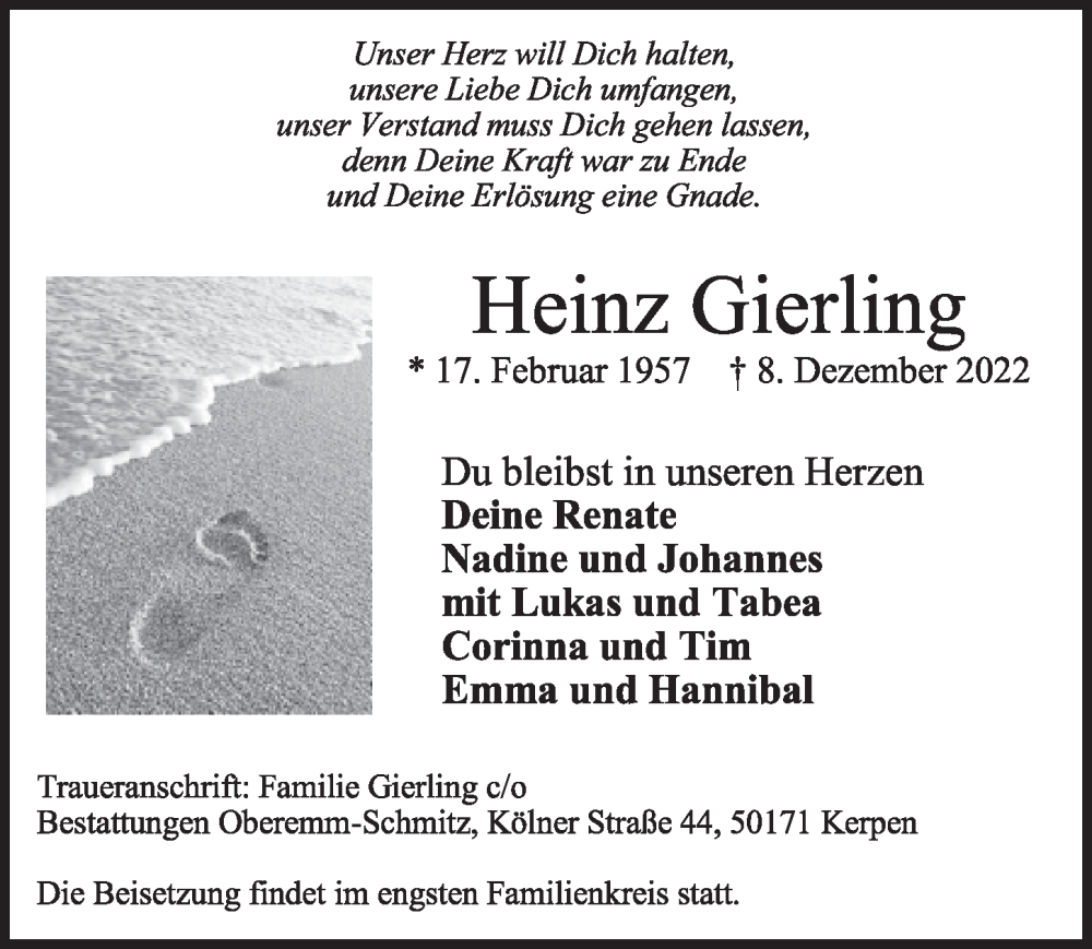  Traueranzeige für Heinz Gierling vom 22.12.2022 aus  Werbepost 
