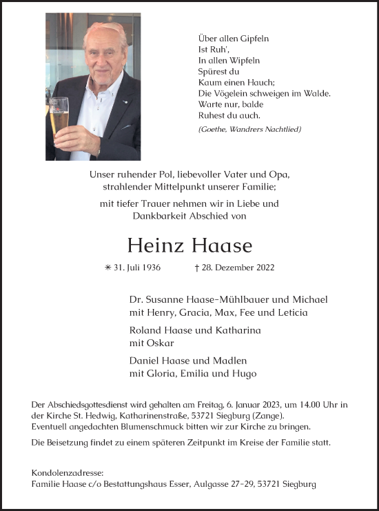 Anzeige von Heinz Haase von Kölner Stadt-Anzeiger / Kölnische Rundschau / Express