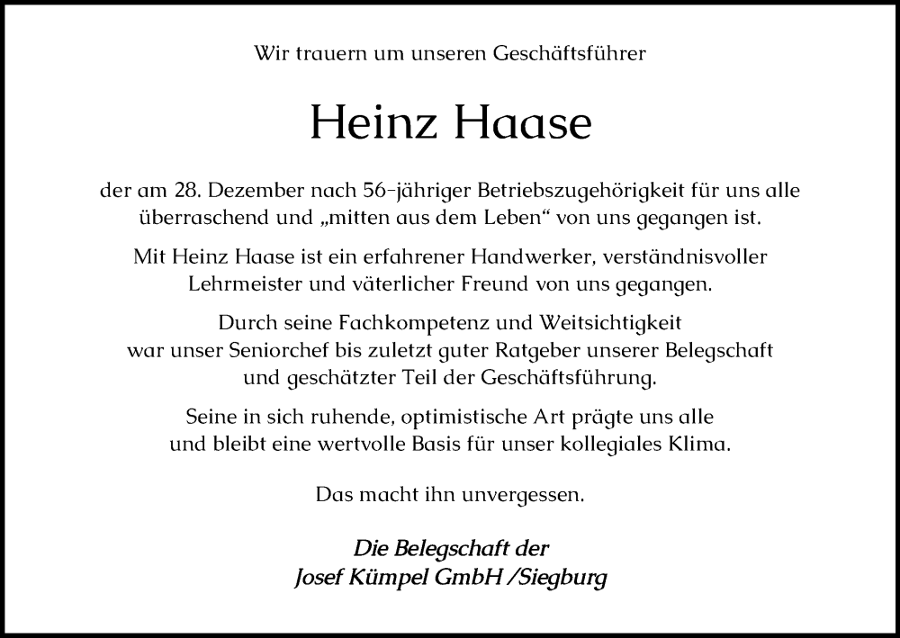  Traueranzeige für Heinz Haase vom 31.12.2022 aus Kölner Stadt-Anzeiger / Kölnische Rundschau / Express