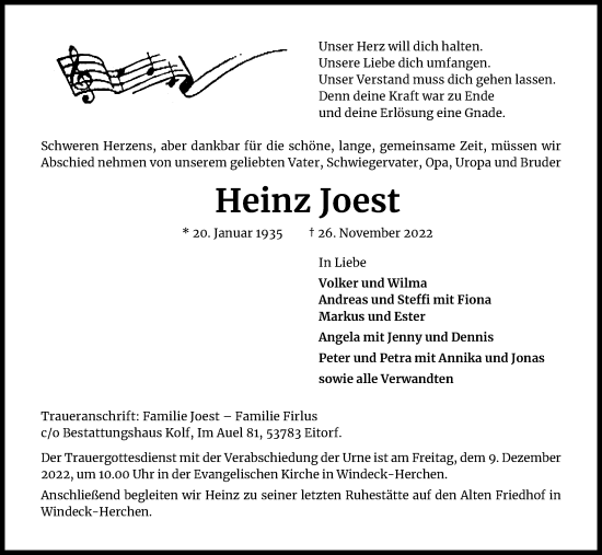 Anzeige von Heinz Joest von Kölner Stadt-Anzeiger / Kölnische Rundschau / Express