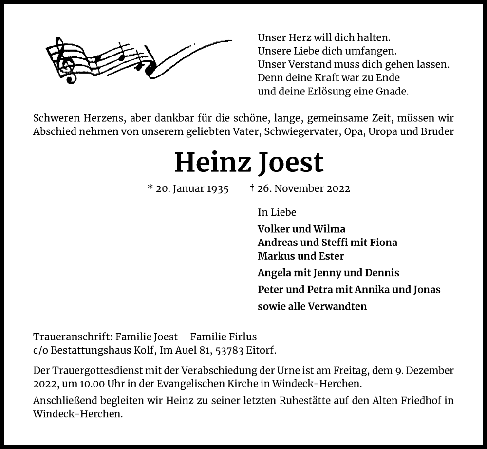  Traueranzeige für Heinz Joest vom 03.12.2022 aus Kölner Stadt-Anzeiger / Kölnische Rundschau / Express