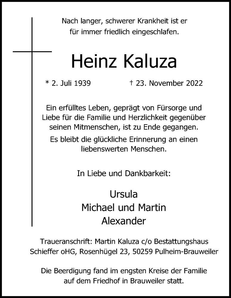  Traueranzeige für Heinz Kaluza vom 10.12.2022 aus Kölner Stadt-Anzeiger / Kölnische Rundschau / Express