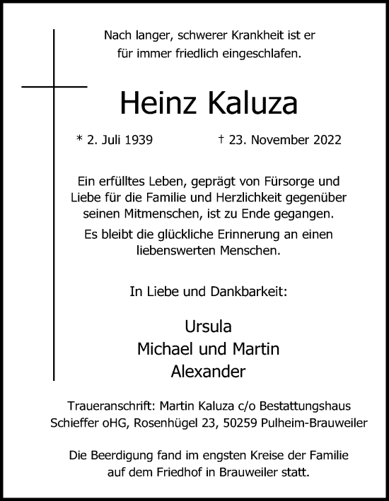 Anzeige von Heinz Kaluza von Kölner Stadt-Anzeiger / Kölnische Rundschau / Express