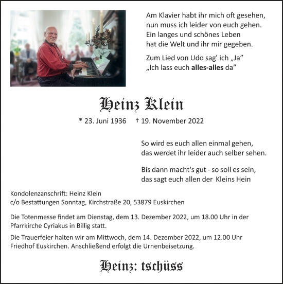 Anzeige von Heinz Klein von  Blickpunkt Euskirchen 