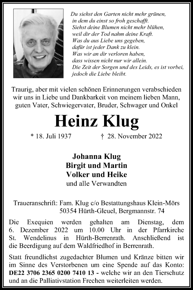  Traueranzeige für Heinz Klug vom 03.12.2022 aus Kölner Stadt-Anzeiger / Kölnische Rundschau / Express