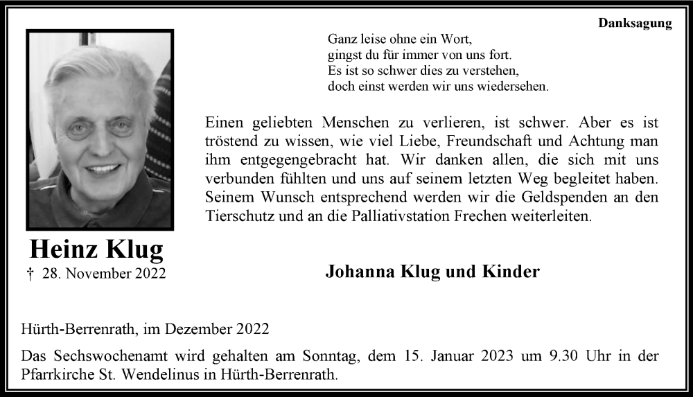  Traueranzeige für Heinz Klug vom 29.12.2022 aus  Wochenende 