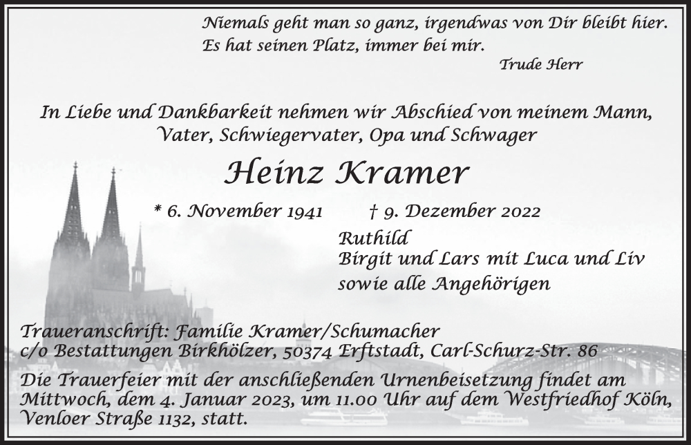  Traueranzeige für Heinz Kramer vom 22.12.2022 aus  EXPRESS - Die Woche 