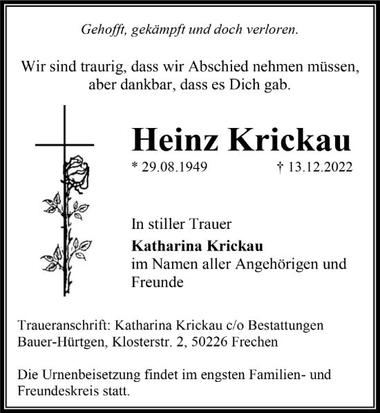 Anzeige von Heinz Krickau von  Wochenende 