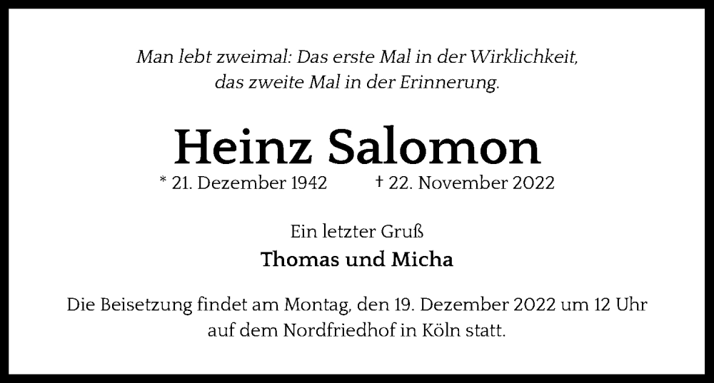  Traueranzeige für Heinz Salomon vom 17.12.2022 aus Kölner Stadt-Anzeiger / Kölnische Rundschau / Express