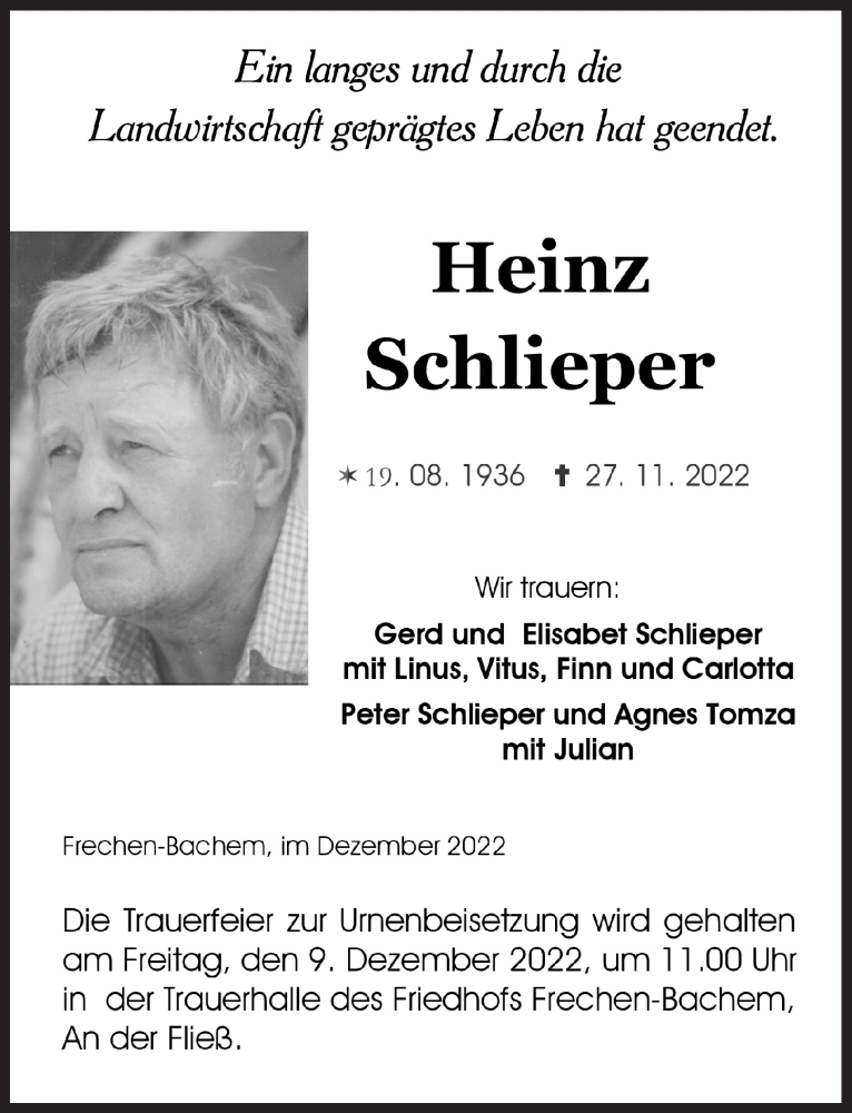  Traueranzeige für Heinz Schlieper vom 02.12.2022 aus  Wochenende 