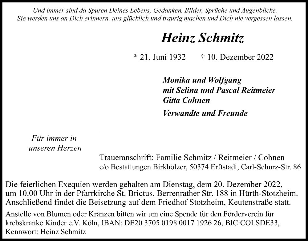  Traueranzeige für Heinz Schmitz vom 17.12.2022 aus Kölner Stadt-Anzeiger / Kölnische Rundschau / Express