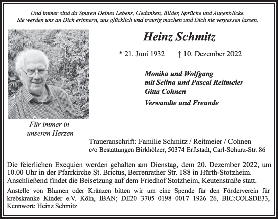 Anzeige von Heinz Schmitz von  Wochenende 
