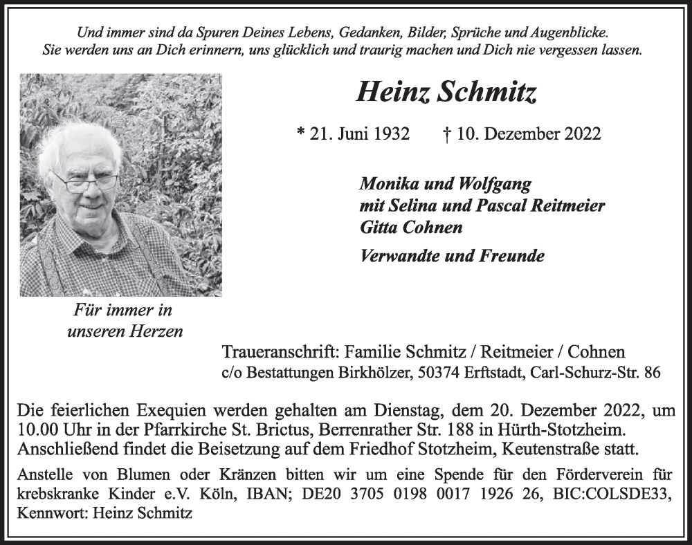  Traueranzeige für Heinz Schmitz vom 16.12.2022 aus  Wochenende 