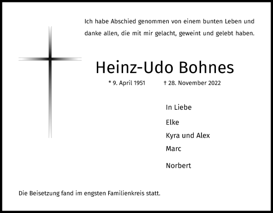 Anzeige von Heinz-Udo Bohnes von Kölner Stadt-Anzeiger / Kölnische Rundschau / Express