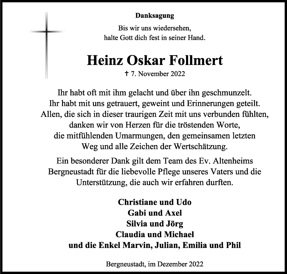  Traueranzeige für Heinz Oskar Follmert vom 17.12.2022 aus Kölner Stadt-Anzeiger / Kölnische Rundschau / Express