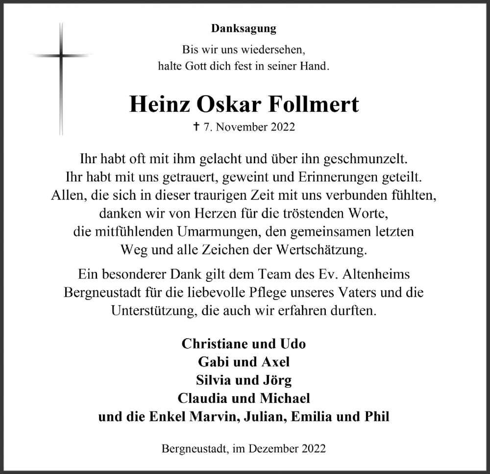  Traueranzeige für Heinz Oskar Follmert vom 16.12.2022 aus  Anzeigen Echo 