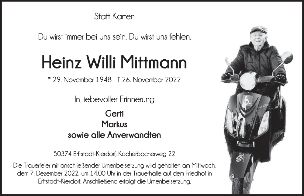  Traueranzeige für Heinz Willi Mittmann vom 02.12.2022 aus  Wochenende  Werbepost 