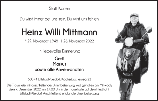 Anzeige von Heinz Willi Mittmann von  Wochenende  Werbepost 