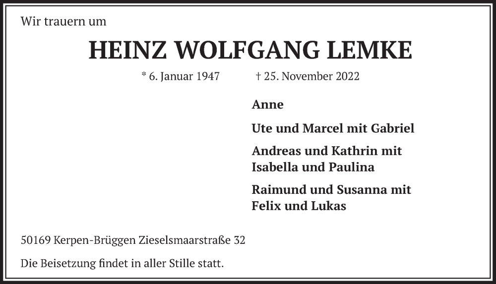 Traueranzeige für Heinz Wolfgang Lemke vom 02.12.2022 aus  Werbepost 